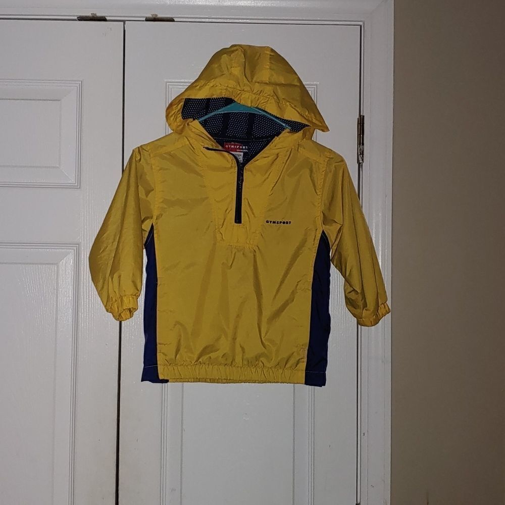 VTG Gymboree Gymsport yellow navy hooded windbreaker rain jacket Sz M (3/4) NWOT